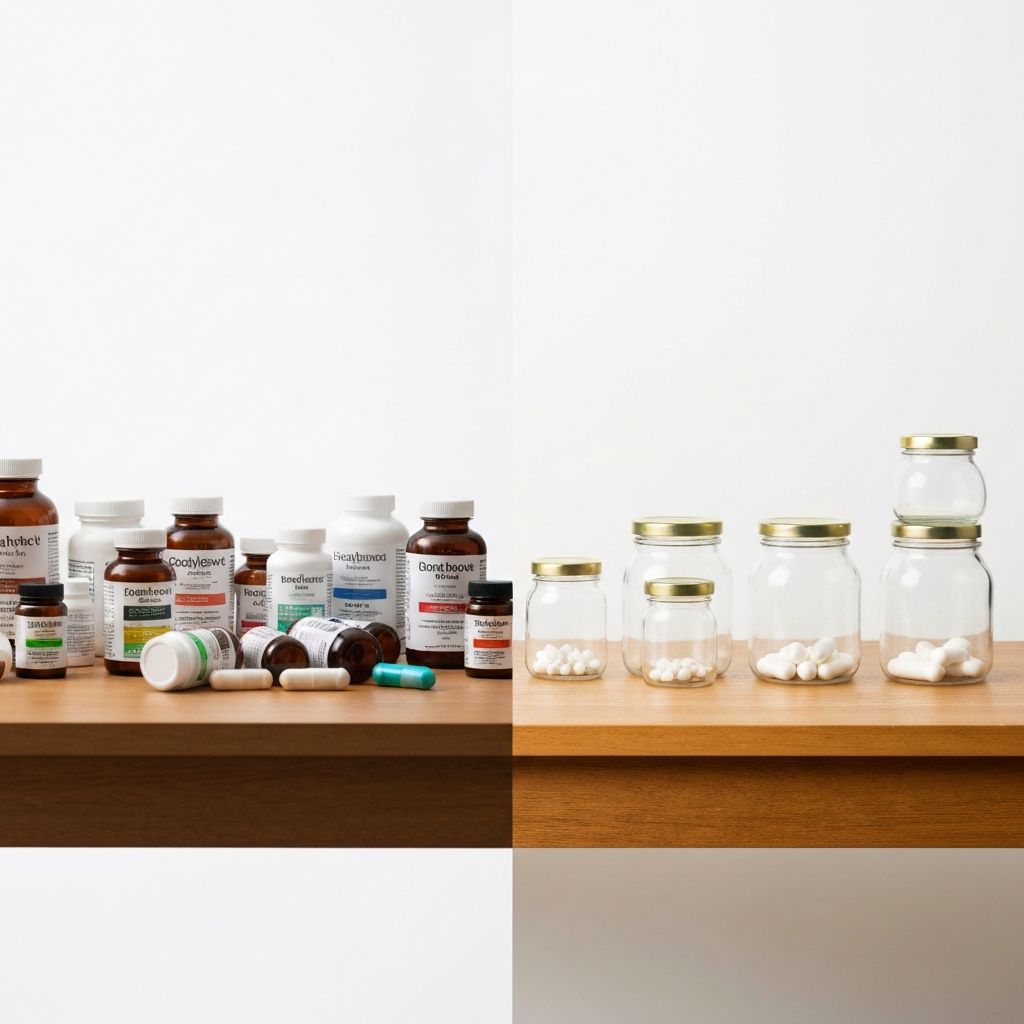 Schreibtisch links chaotisch mit verstreuten Flaschen, rechts ordentlich organisiert mit arrangiertem Behälter